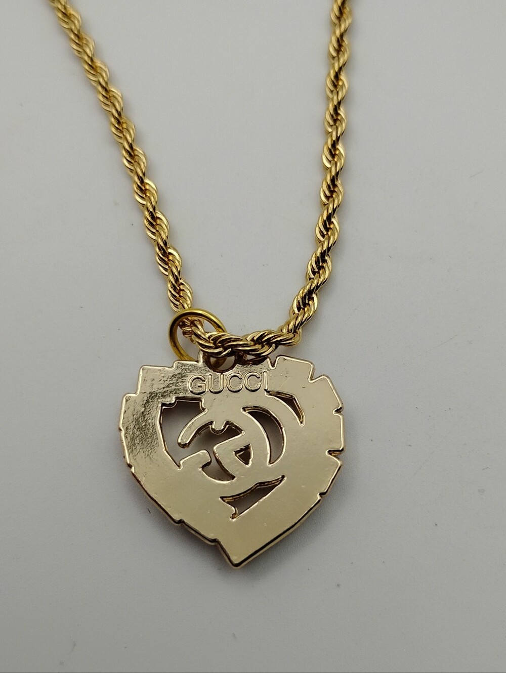 Gucci Gold Heart Pendant On A 14K Gold Rope Necklace with Pink&Clear Crystals - Picture 2 of 4